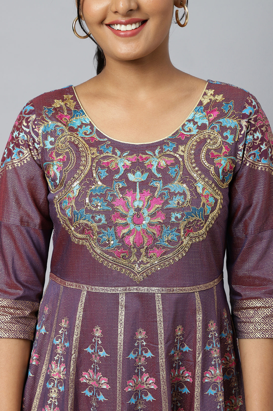 Purple Zari Embroidered A-line Ethnic Dress