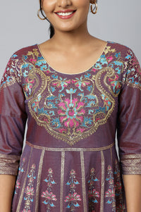 Purple Zari Embroidered A-line Ethnic Dress