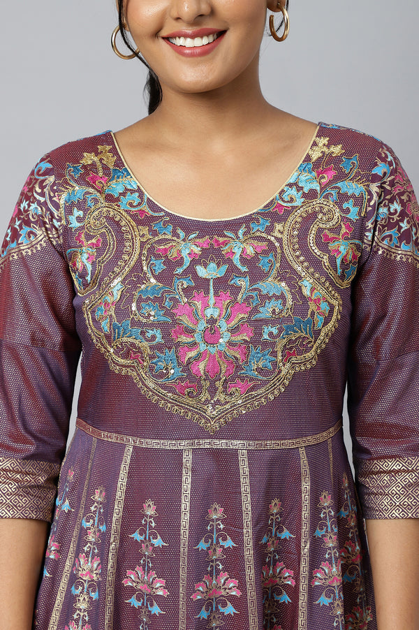 Purple Zari Embroidered A-line Ethnic Dress