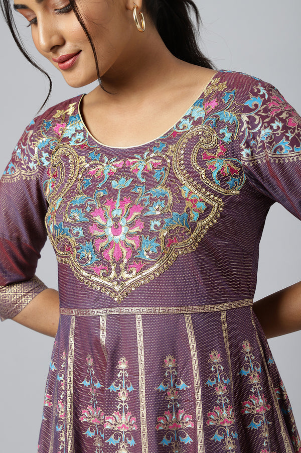 Purple Zari Embroidered A-line Ethnic Dress