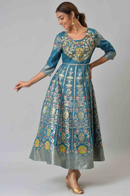 Blue Embroidered A-line Ethnic Dress