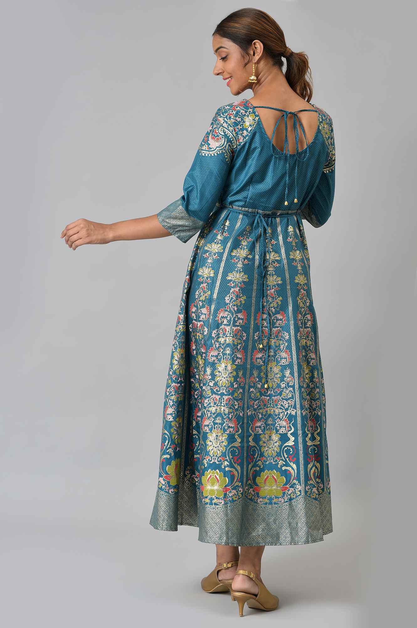 Blue Embroidered A-line Ethnic Dress