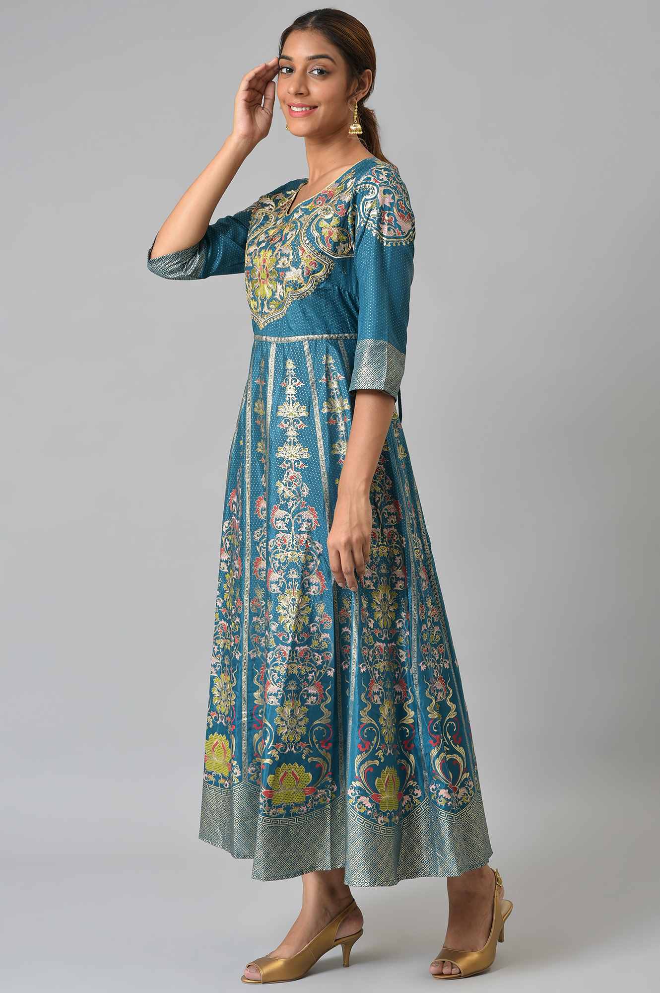 Blue Embroidered A-line Ethnic Dress