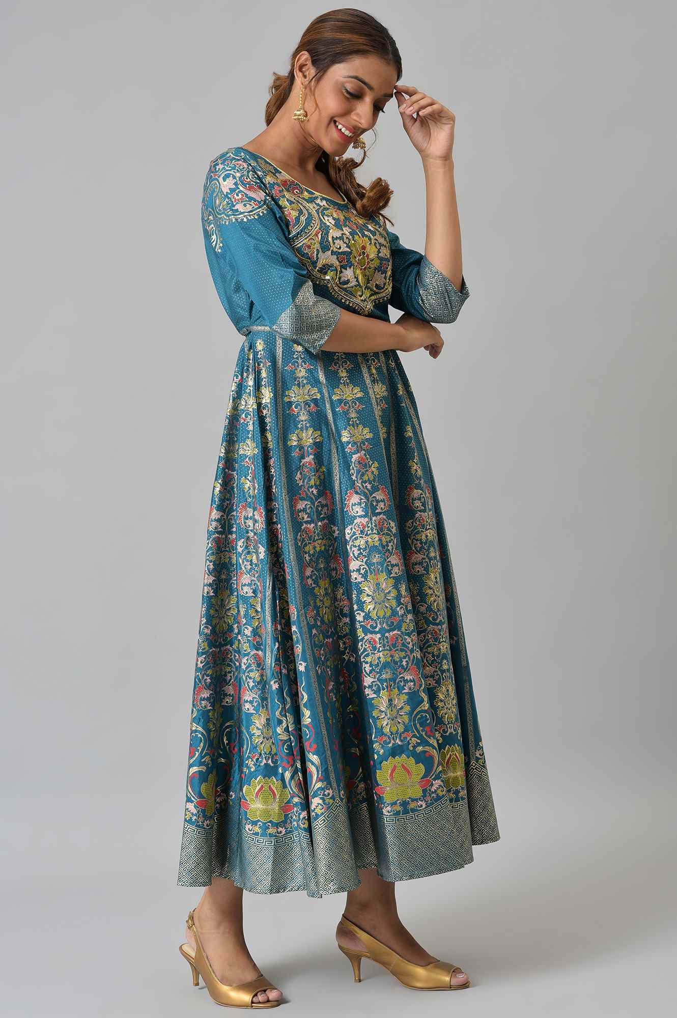 Blue Embroidered A-line Ethnic Dress