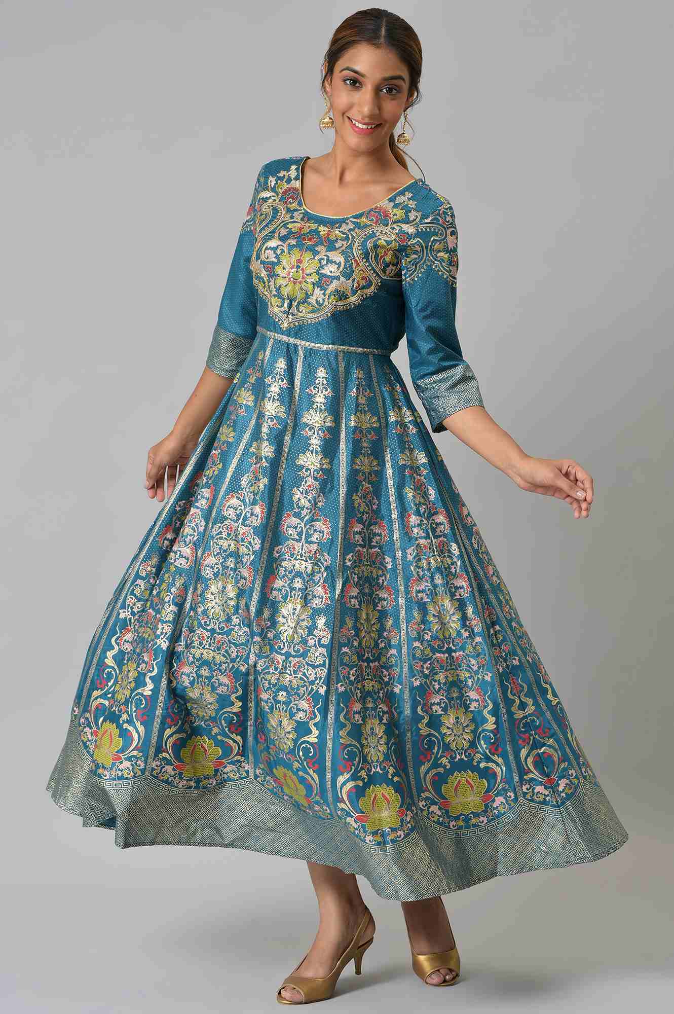 Blue Embroidered A-line Ethnic Dress