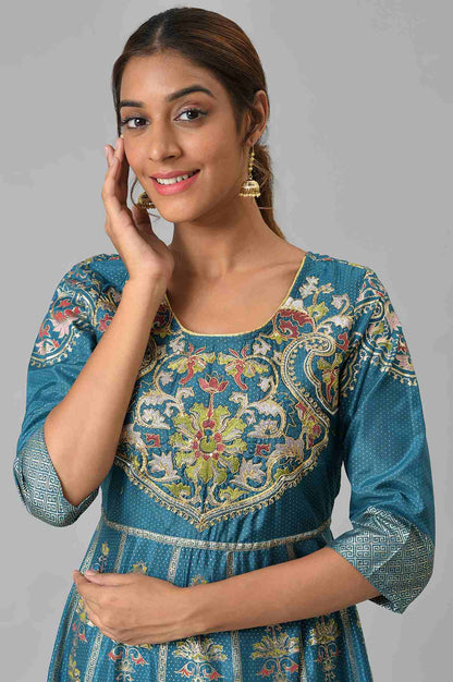 Blue Embroidered A-line Ethnic Dress