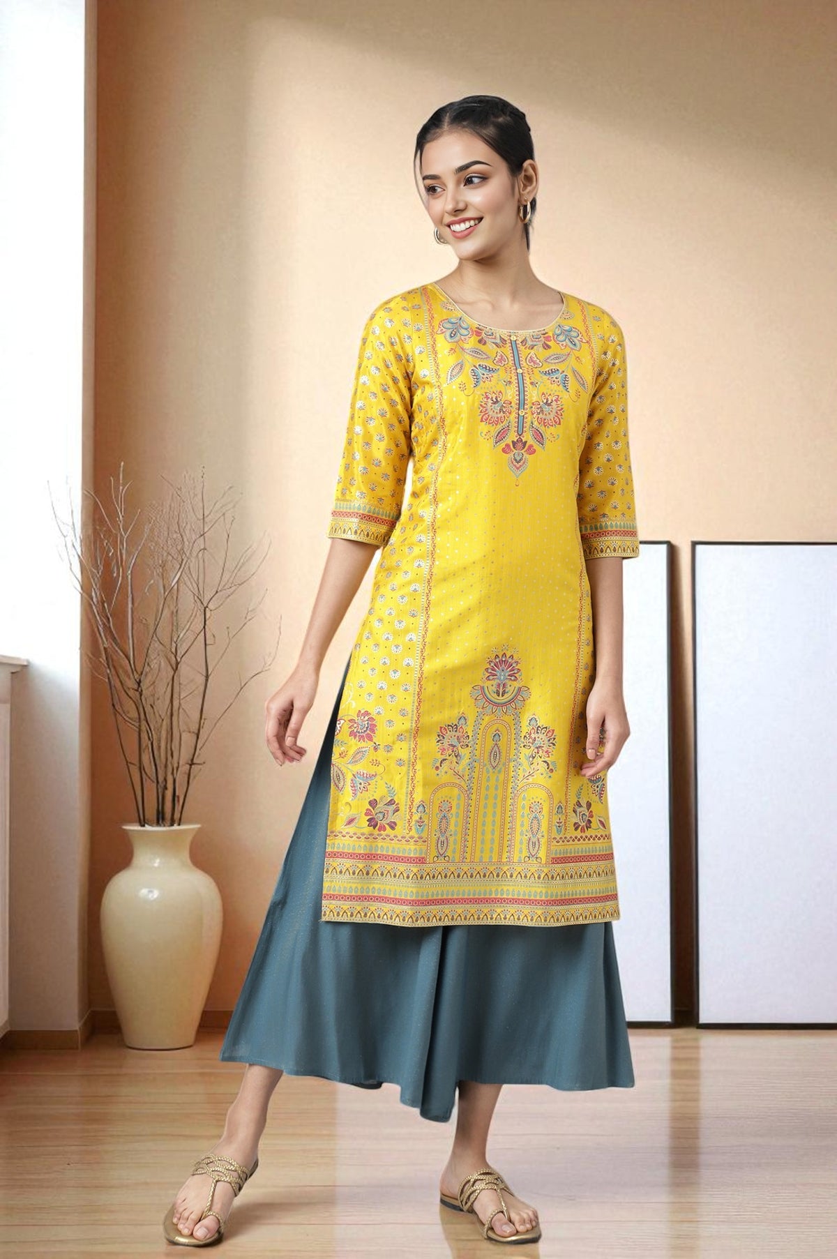 Yellow Floral Motif Sequin kurta - S