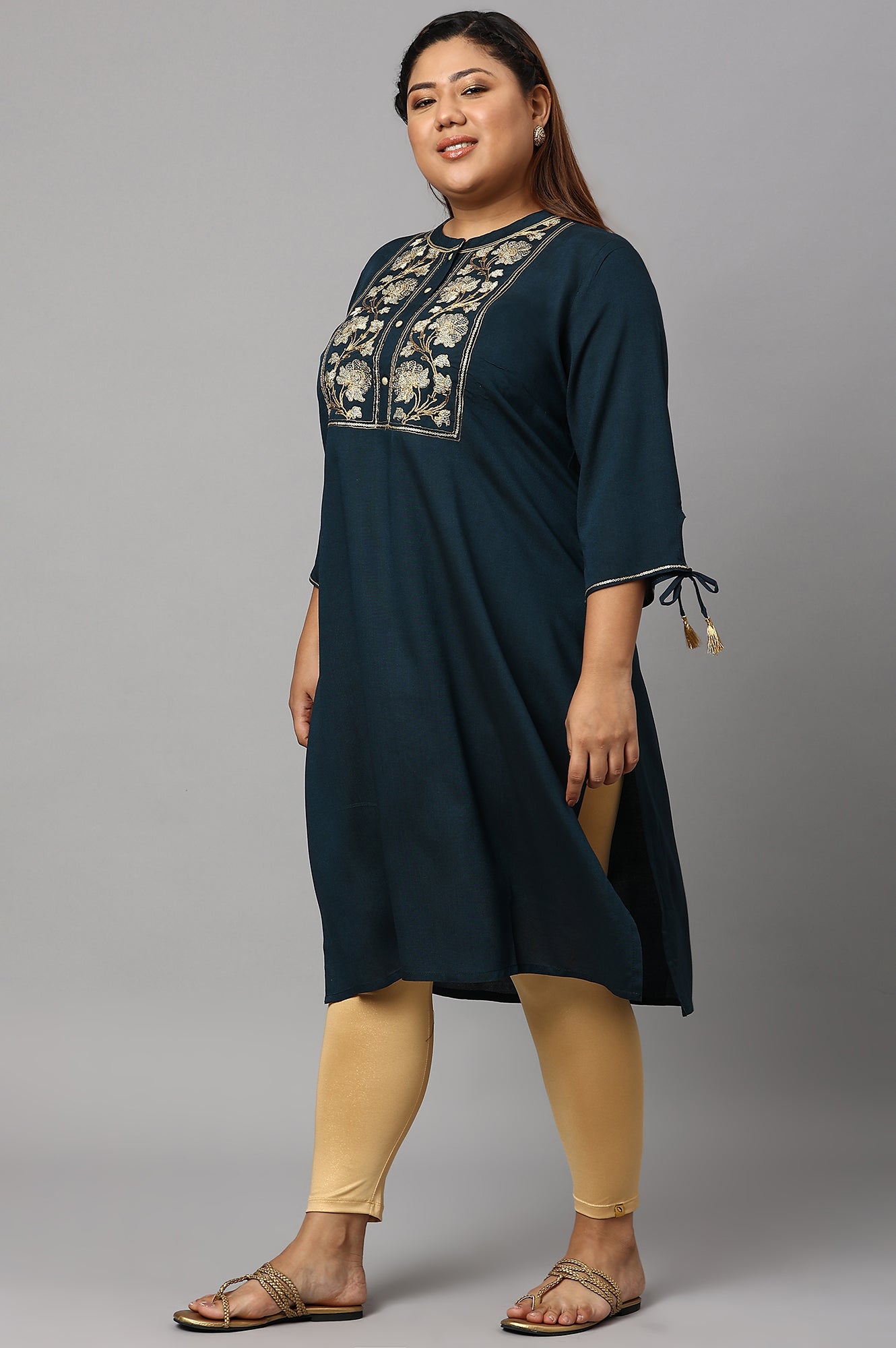 Blue Zari Embroidered and Sequin Plus Size kurta