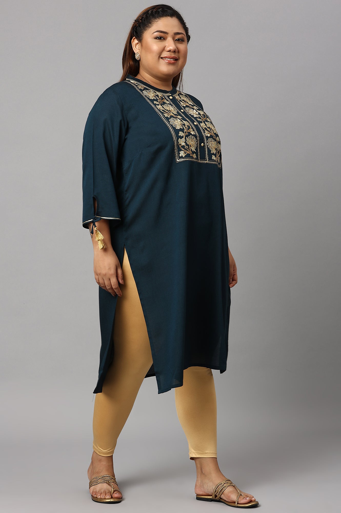 Blue Zari Embroidered and Sequin Plus Size kurta