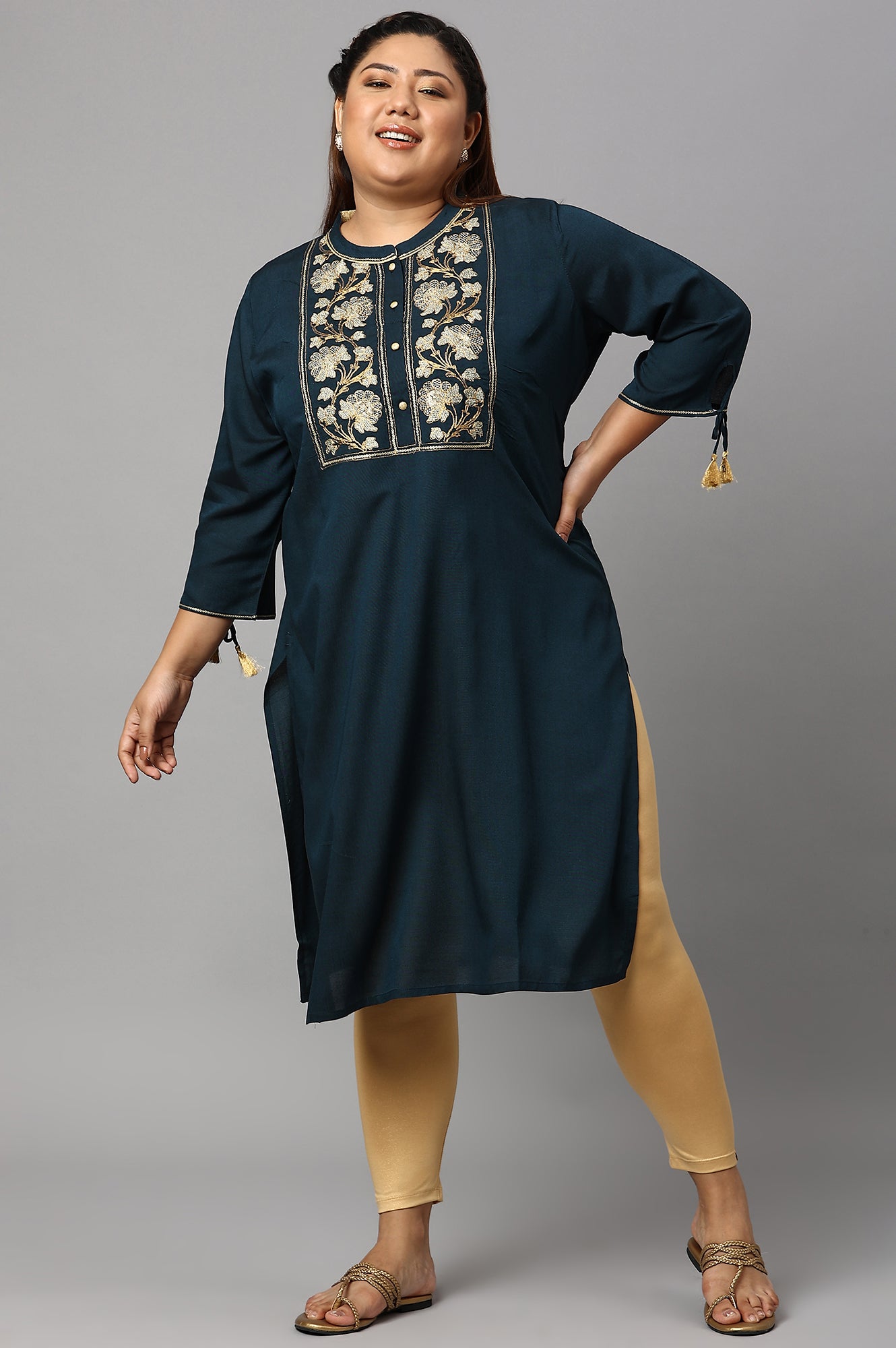 Blue Zari Embroidered and Sequin Plus Size kurta