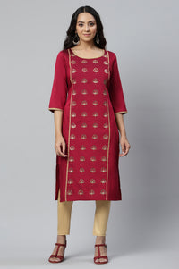 Red Solid Embroidered Zari Straight Woven Kurta