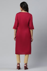 Red Solid Embroidered Zari Straight Woven Kurta