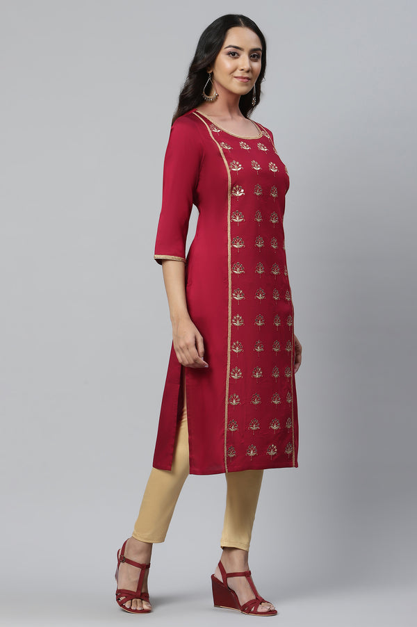 Red Solid Embroidered Zari Straight Woven Kurta