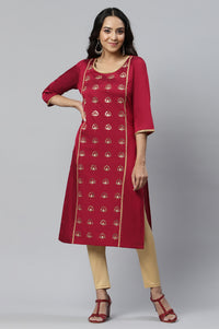 Red Solid Embroidered Zari Straight Woven Kurta
