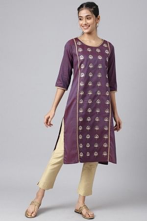 Purple Zari Embroidered Ethnic Liva Kurta