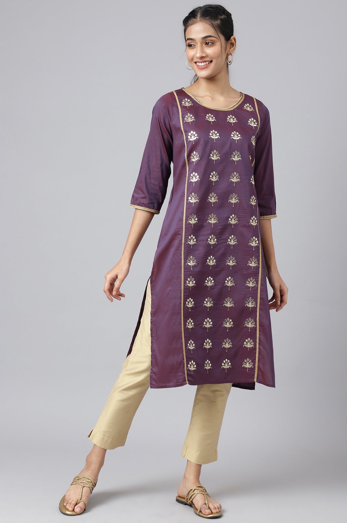 Purple Zari Embroidered Ethnic Liva Kurta - XS