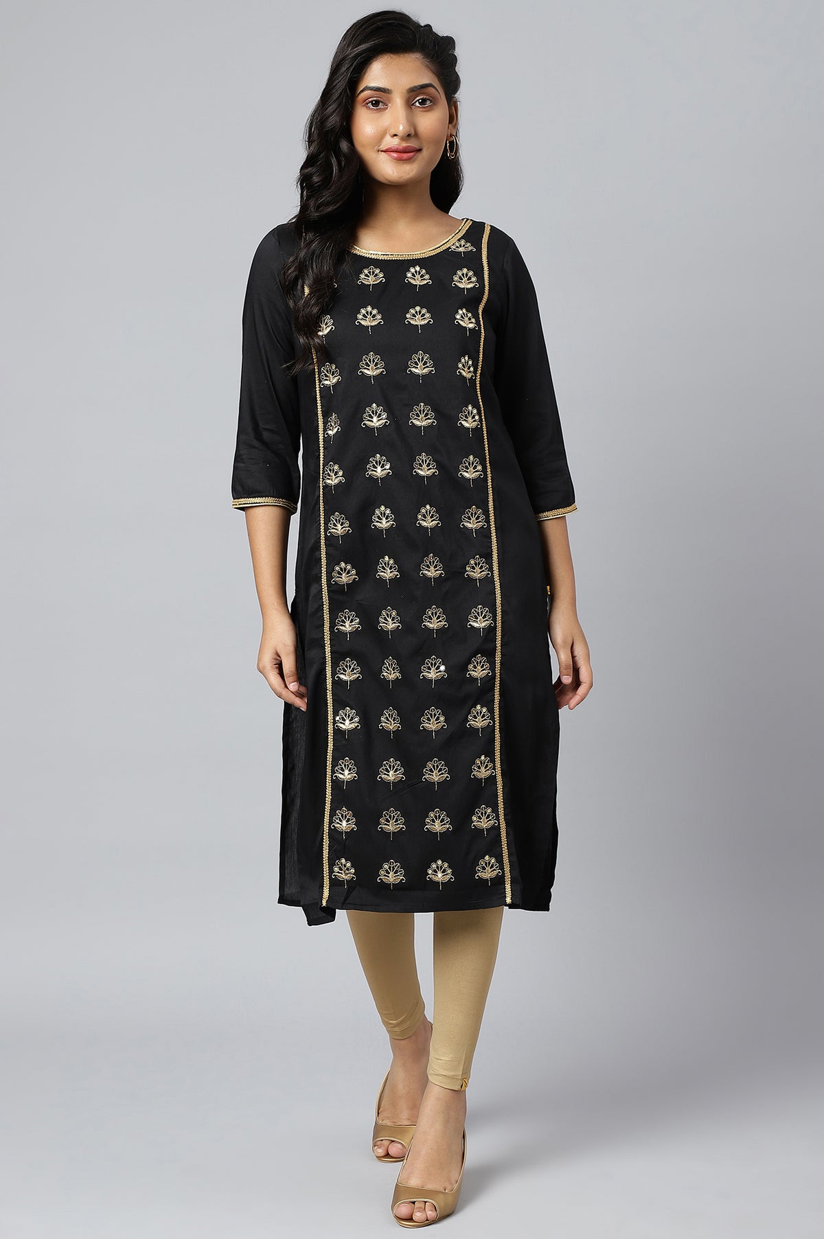 Black Zari Embroidered Ethnic Liva Kurta - XS