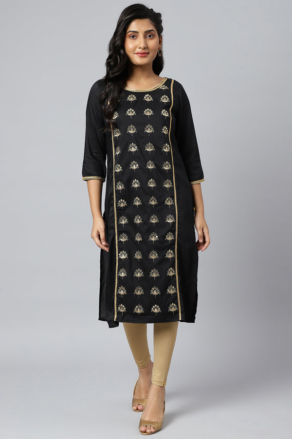 Black Solid Embroidered Zari Straight Woven Kurta