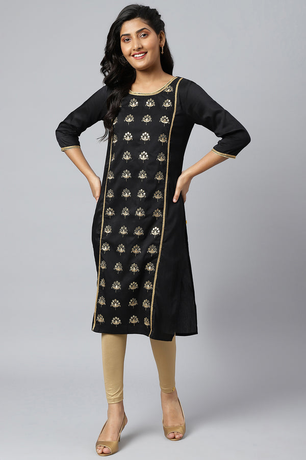 Black Solid Embroidered Zari Straight Woven Kurta