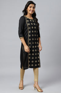Black Solid Embroidered Zari Straight Woven Kurta