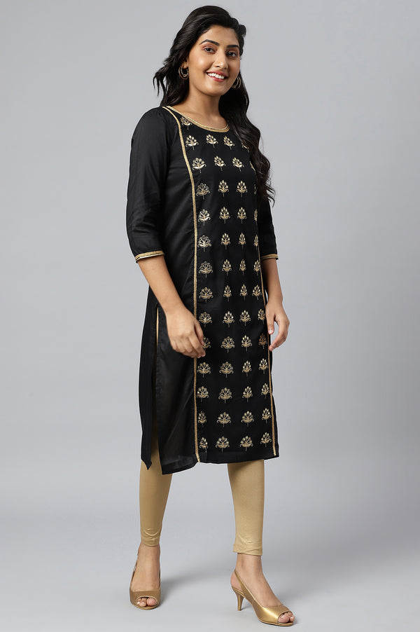 Black Solid Embroidered Zari Straight Woven Kurta