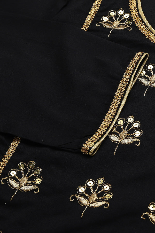 Black Solid Embroidered Zari Straight Woven Kurta