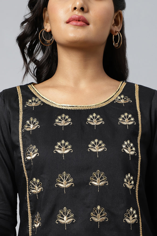 Black Zari Embroidery Viscose Blend Straight Kurta and Palazzo Set