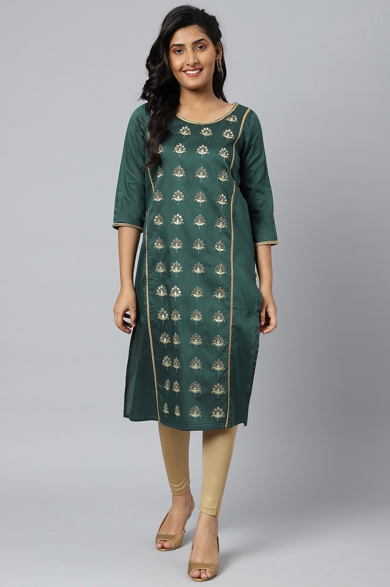 Green Zari Embroidered Ethnic LIVA kurta