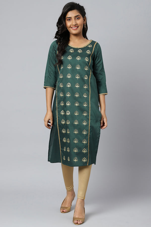 Green Solid Embroidered Zari Straight Woven Kurta