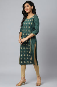 Green Solid Embroidered Zari Straight Woven Kurta
