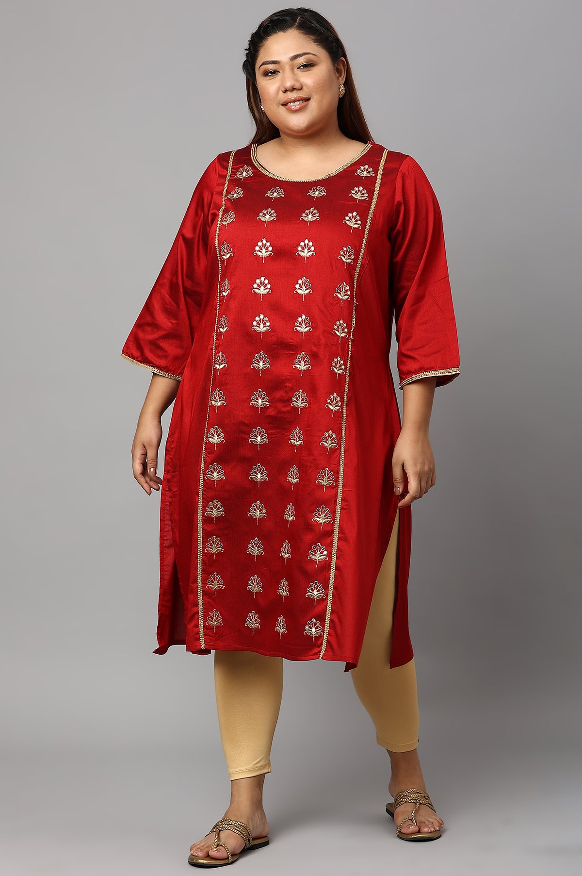 Red Zari Embroidered Plus Size LIVA kurta - 3XL