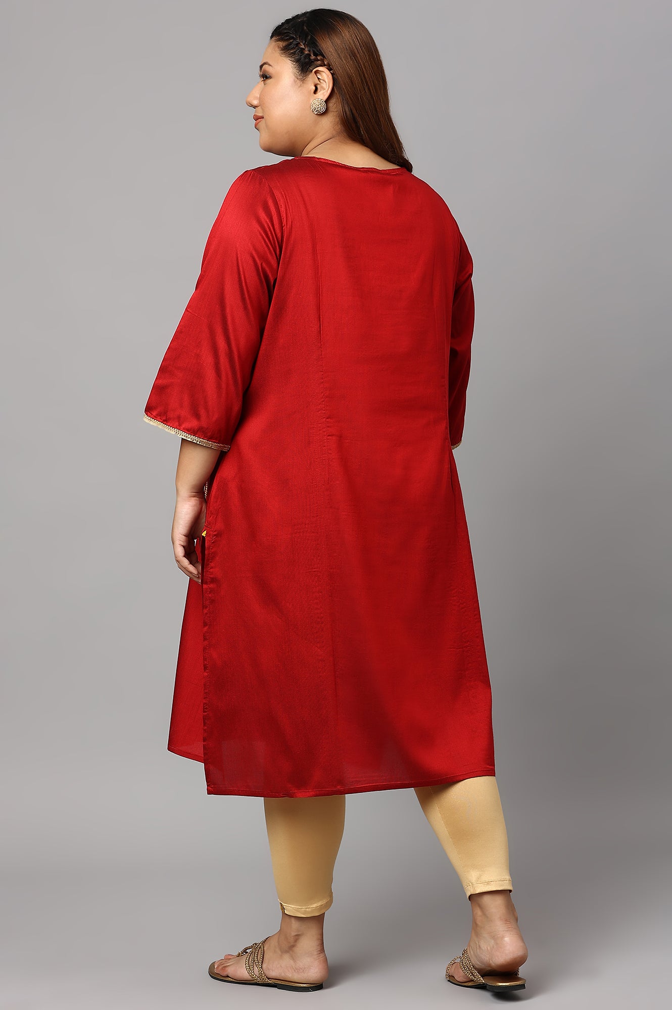 Red Zari Embroidered Plus Size LIVA kurta