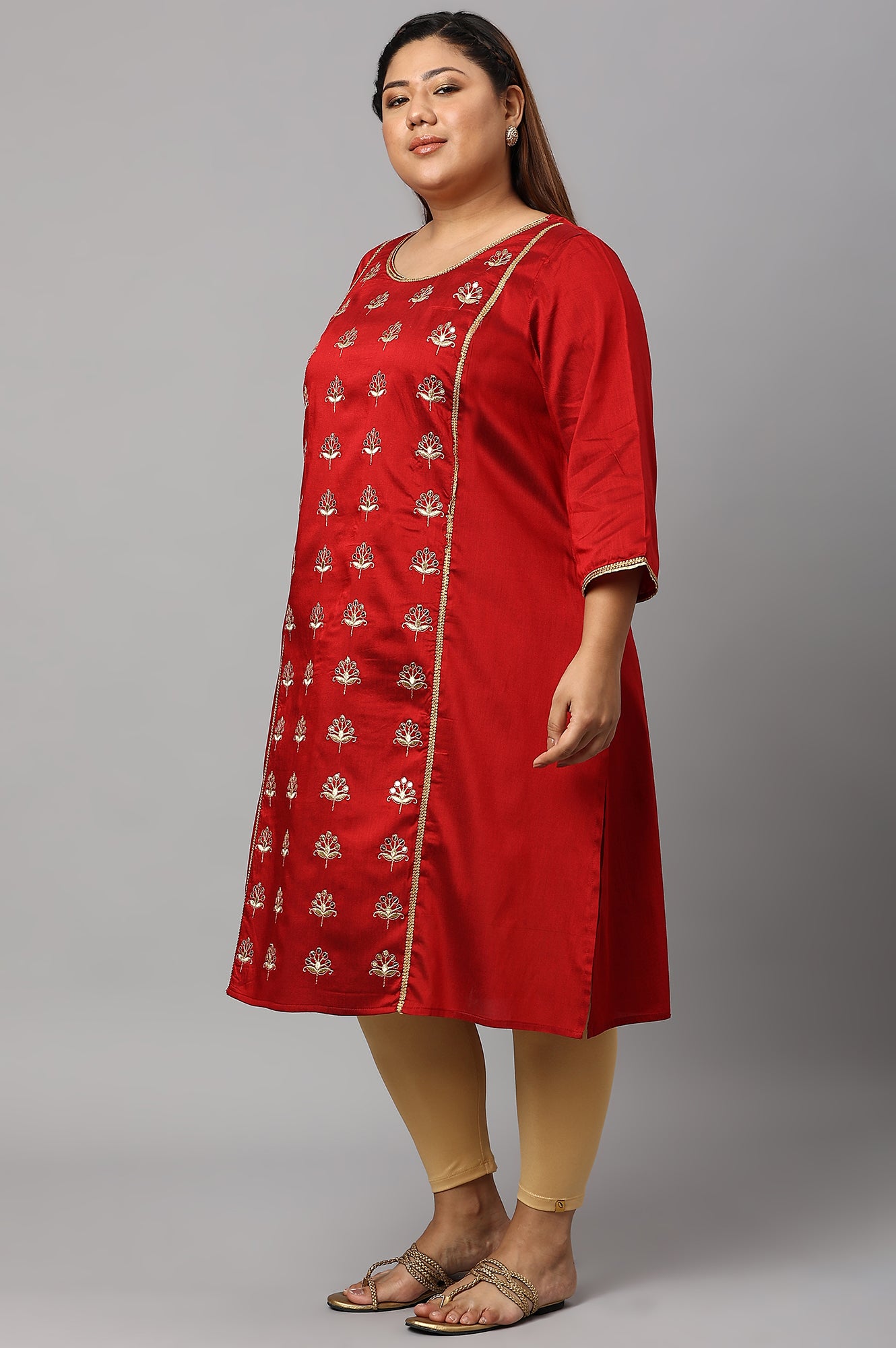 Red Zari Embroidered Plus Size LIVA kurta