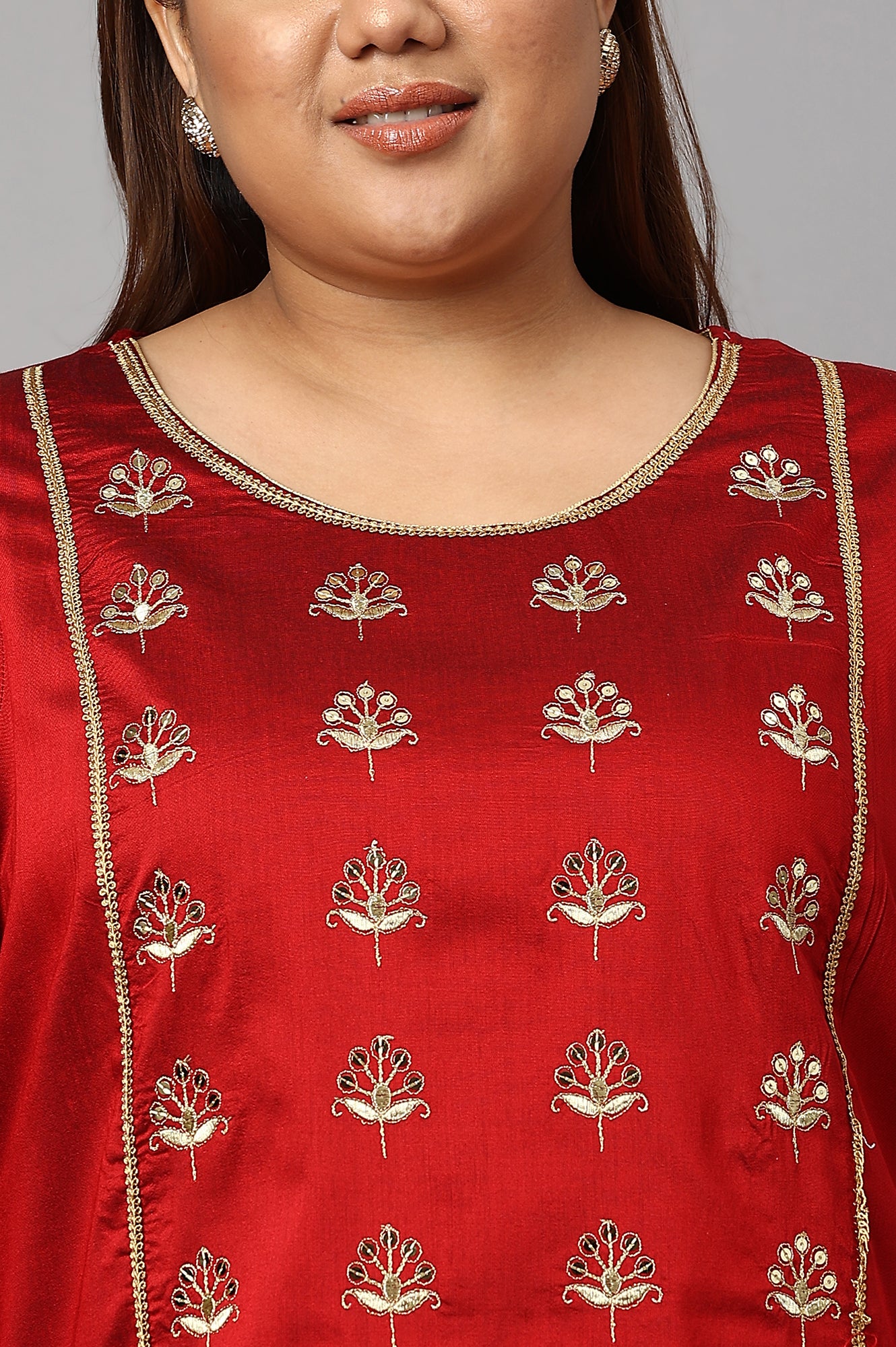 Red Zari Embroidered Plus Size LIVA kurta