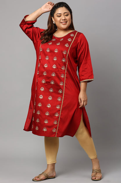 Red Zari Embroidered Plus Size LIVA kurta