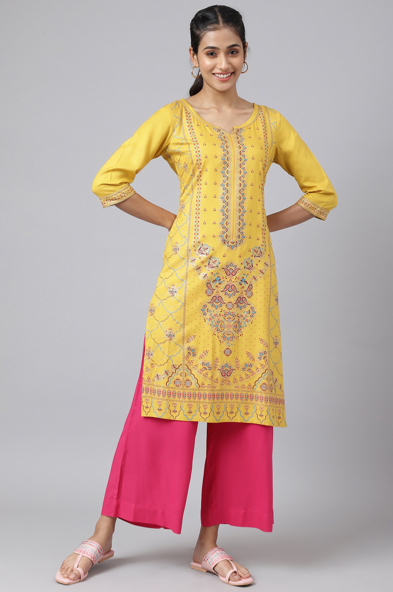 Yellow Foil Floral Printed kurta