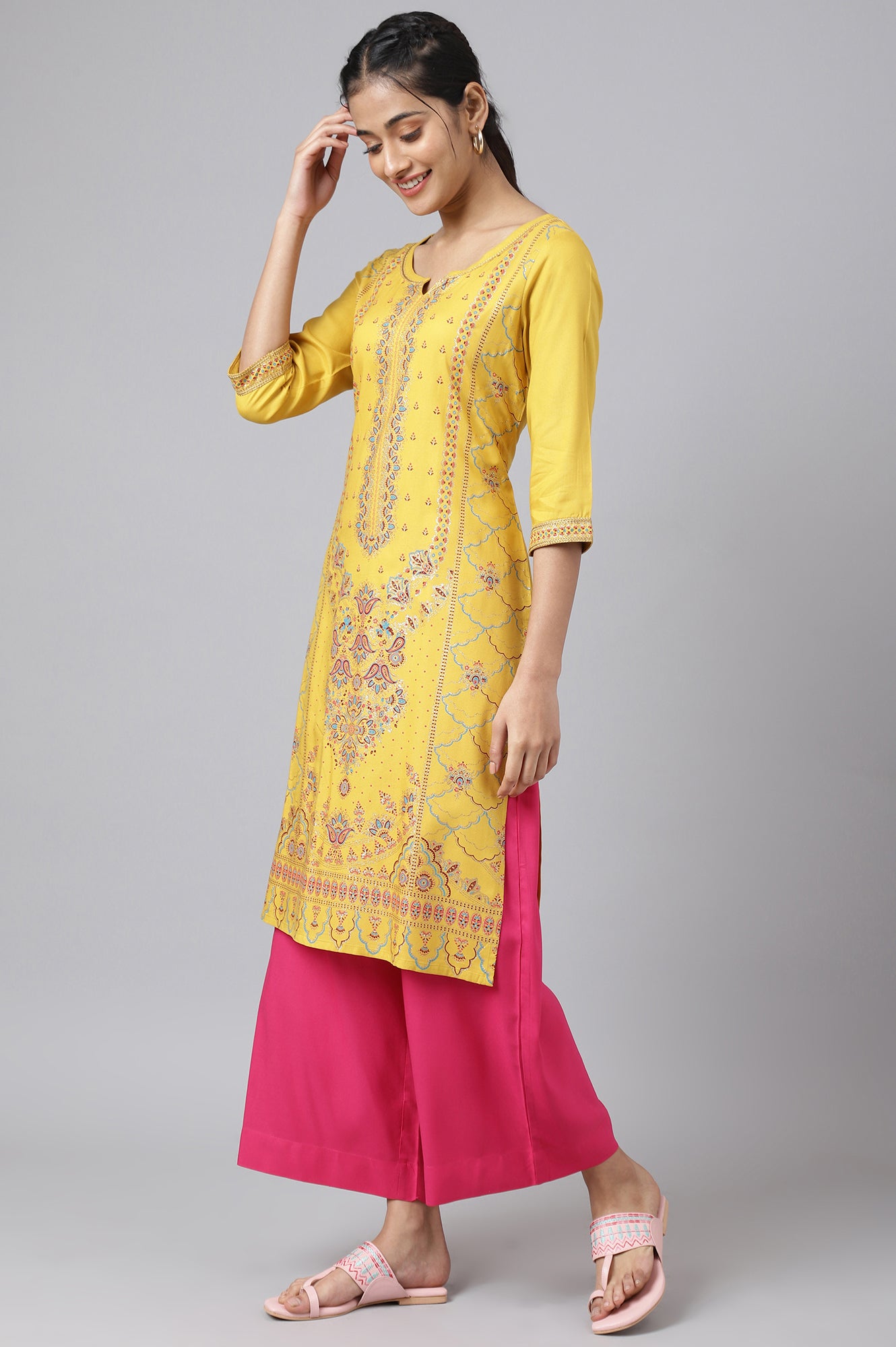 Yellow Foil Floral Printed kurta