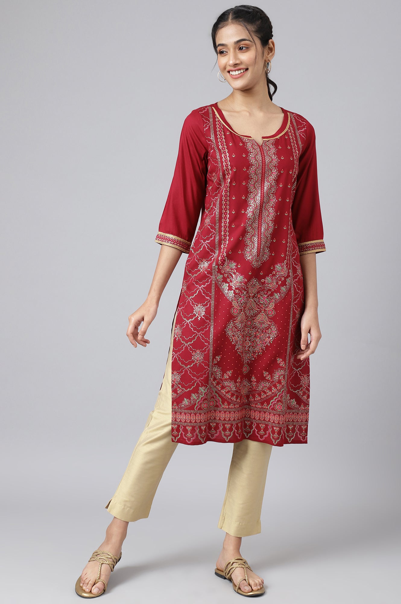 Maroon Foil Floral Printed kurta