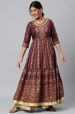 Dark Wine Foil Floral Printed Dress