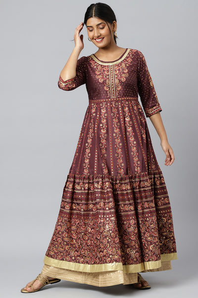 Dark Wine Foil Floral Printed Dress