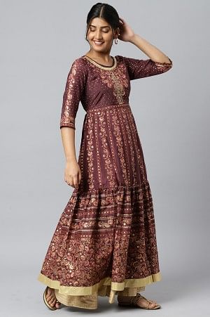 Dark Wine Foil Floral Printed Dress