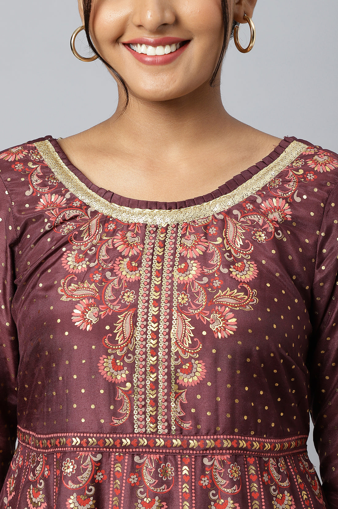 Dark Wine Foil Floral Printed Dress