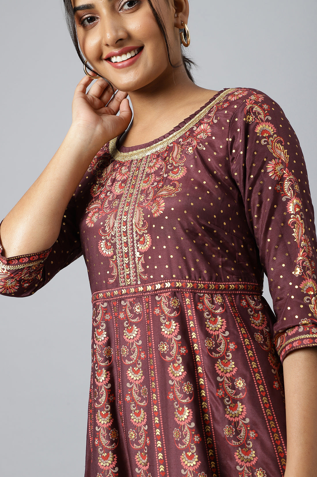 Dark Wine Foil Floral Printed Dress