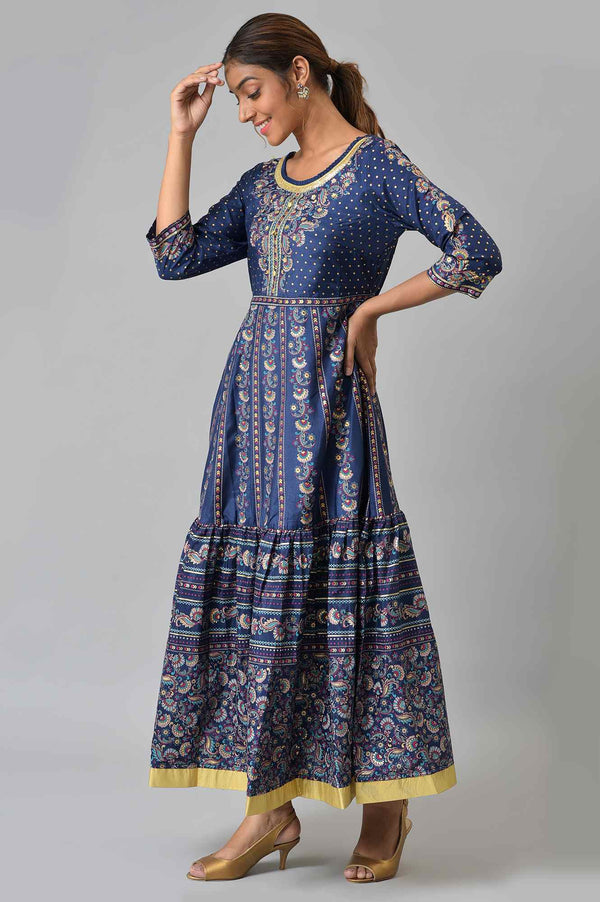 Navy Foil Floral Printed Dress