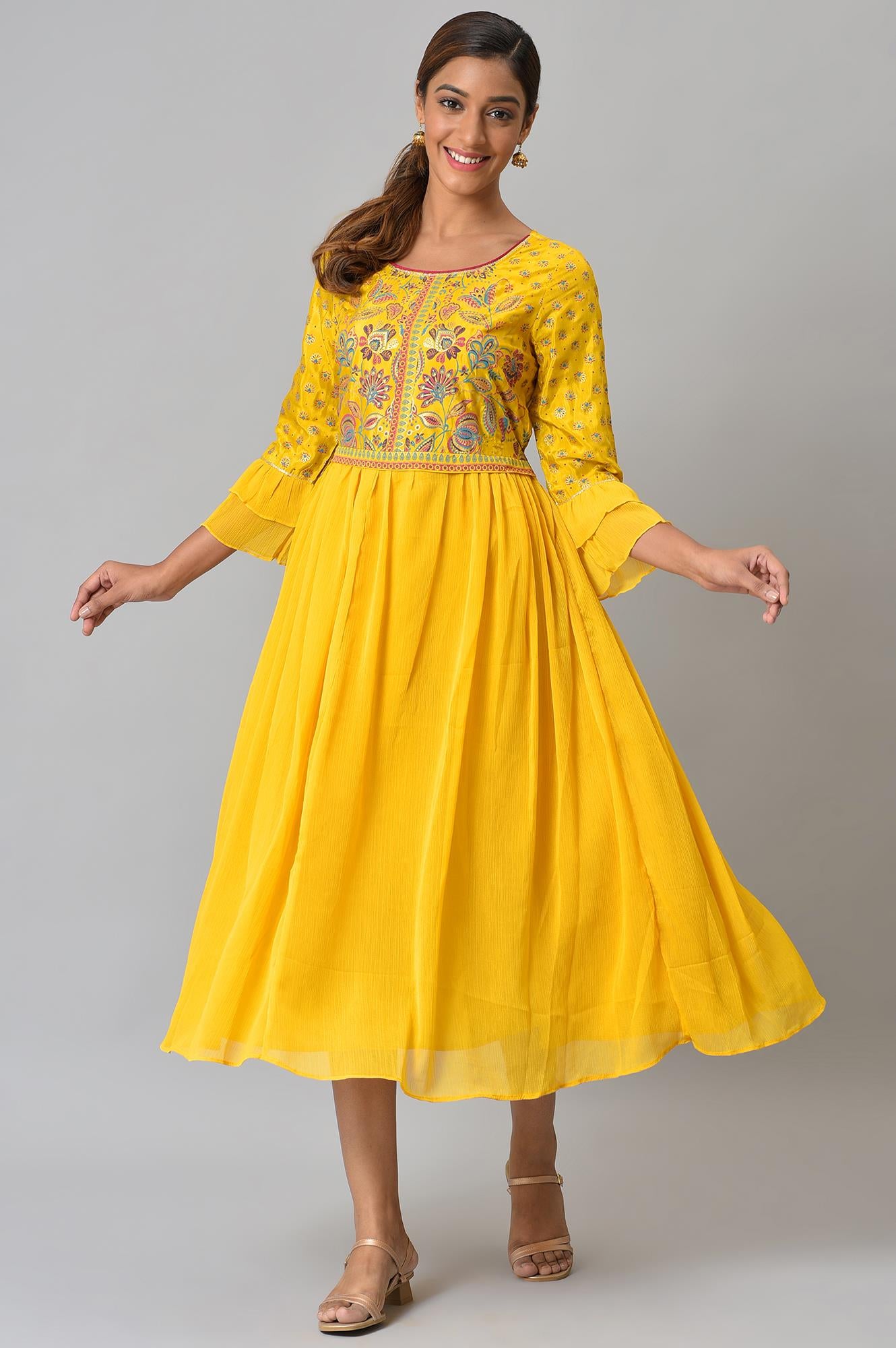 Yellow Floral Printed Dress with Pleats