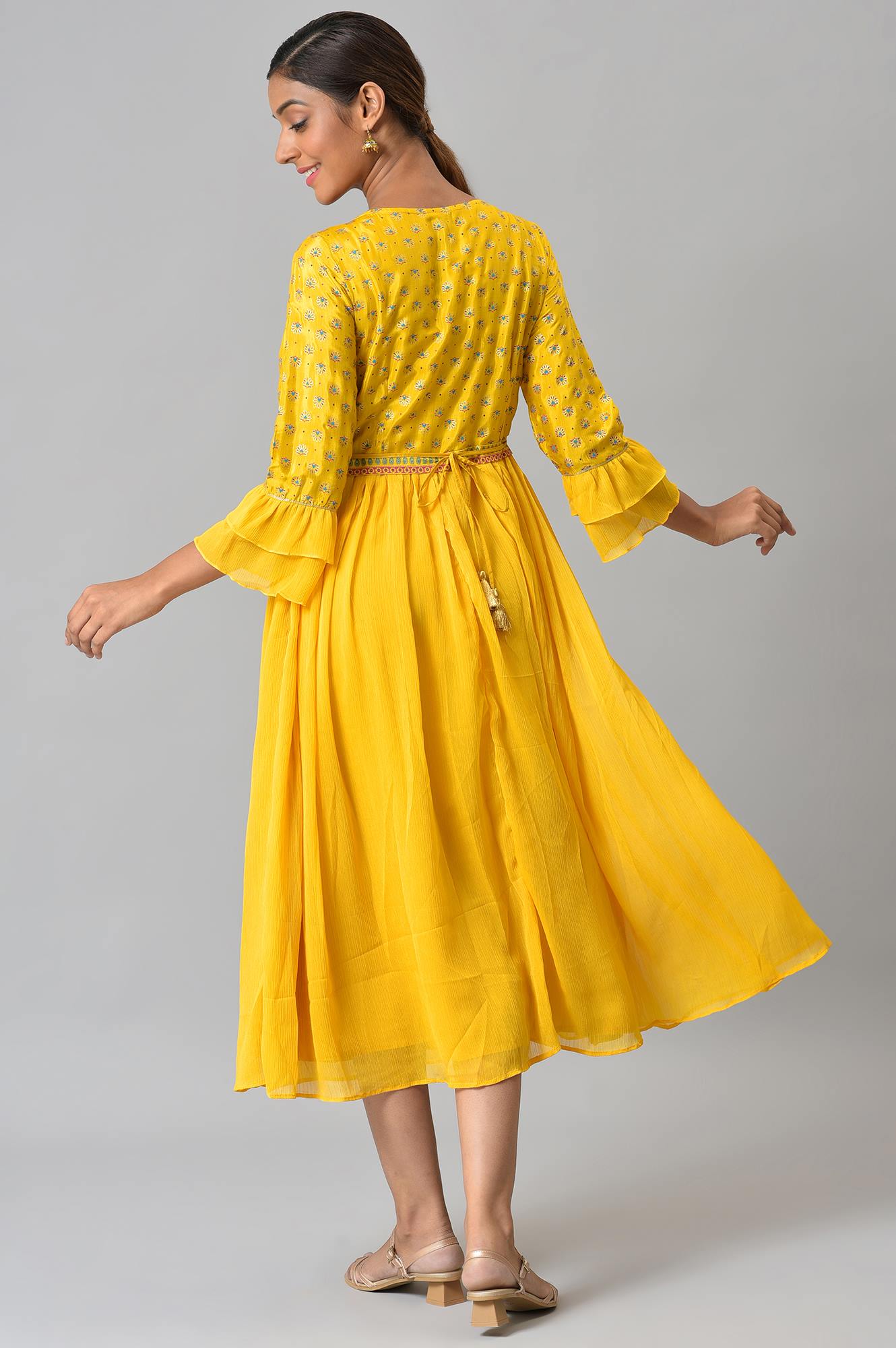 Yellow Floral Printed Dress with Pleats