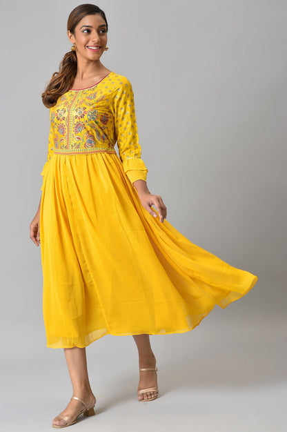 Yellow Floral Printed Dress with Pleats