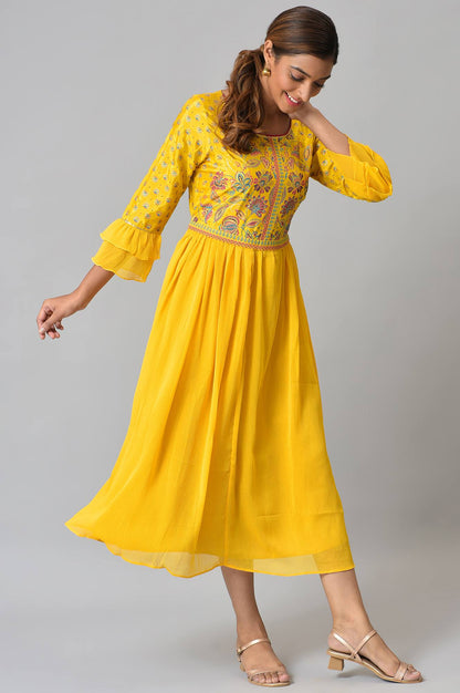 Yellow Floral Printed Dress with Pleats