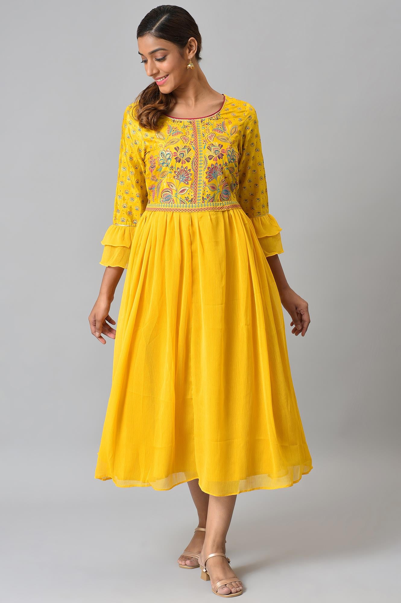 Yellow Floral Printed Dress with Pleats