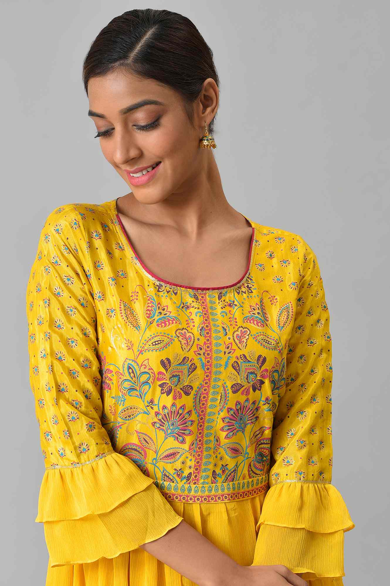 Yellow Floral Printed Dress with Pleats